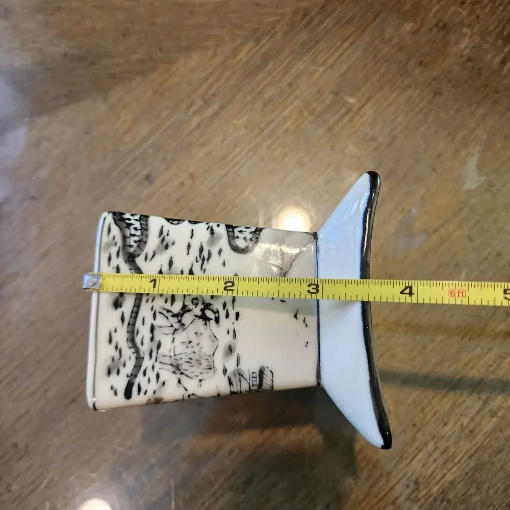 Vintage Asian Village Black Cream Square‎ Transfer Ware Candle Holder Set